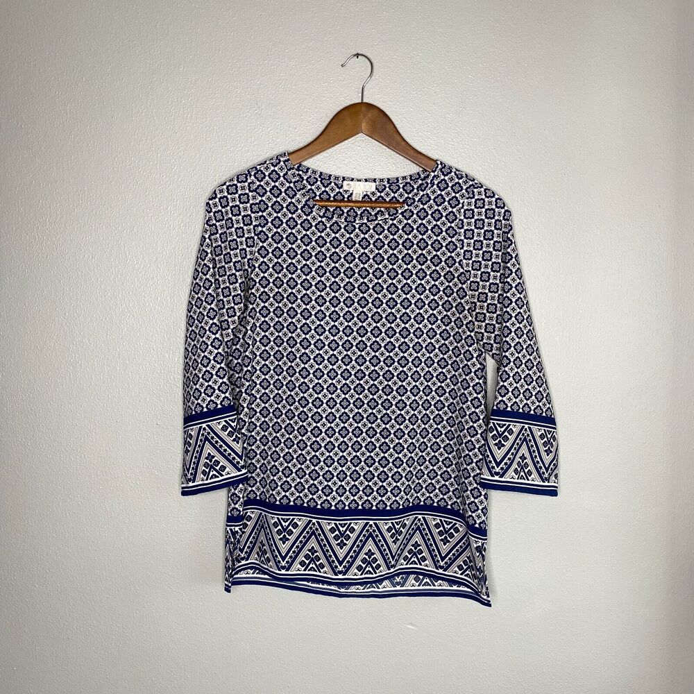 Lila Rose Women's XS Navy Mosiac Boho 3/4 Roll Tab Sleeve Chiffon Blouse Office